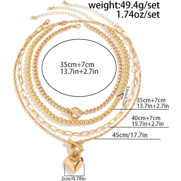 🆕 Women Gold Heart Pendant Necklace Chunky Layered Paperclip Chain Jewelry Set - Picture 5 of 7